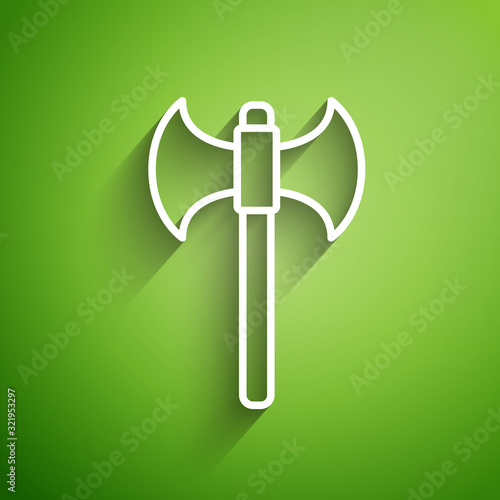 White line Medieval axe icon isolated on green background. Battle axe, executioner axe. Vector Illustration