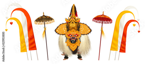 Realistic Balinese Barong god performance figure with traditional ceremonial umbrellas and flags decoration, vector illustration isolated on white background