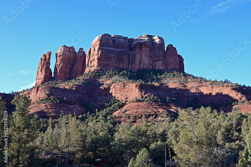 Cathedral Rock in Sedona, Arizona at sunrise on a clear winter morning from the Cathedral Rock Trail.