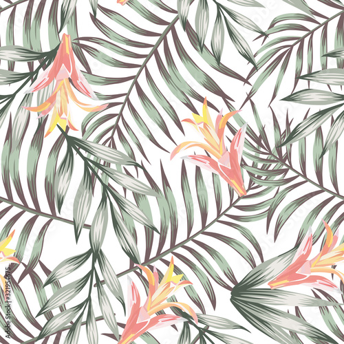 Green leaves seamless flowers pattern white background