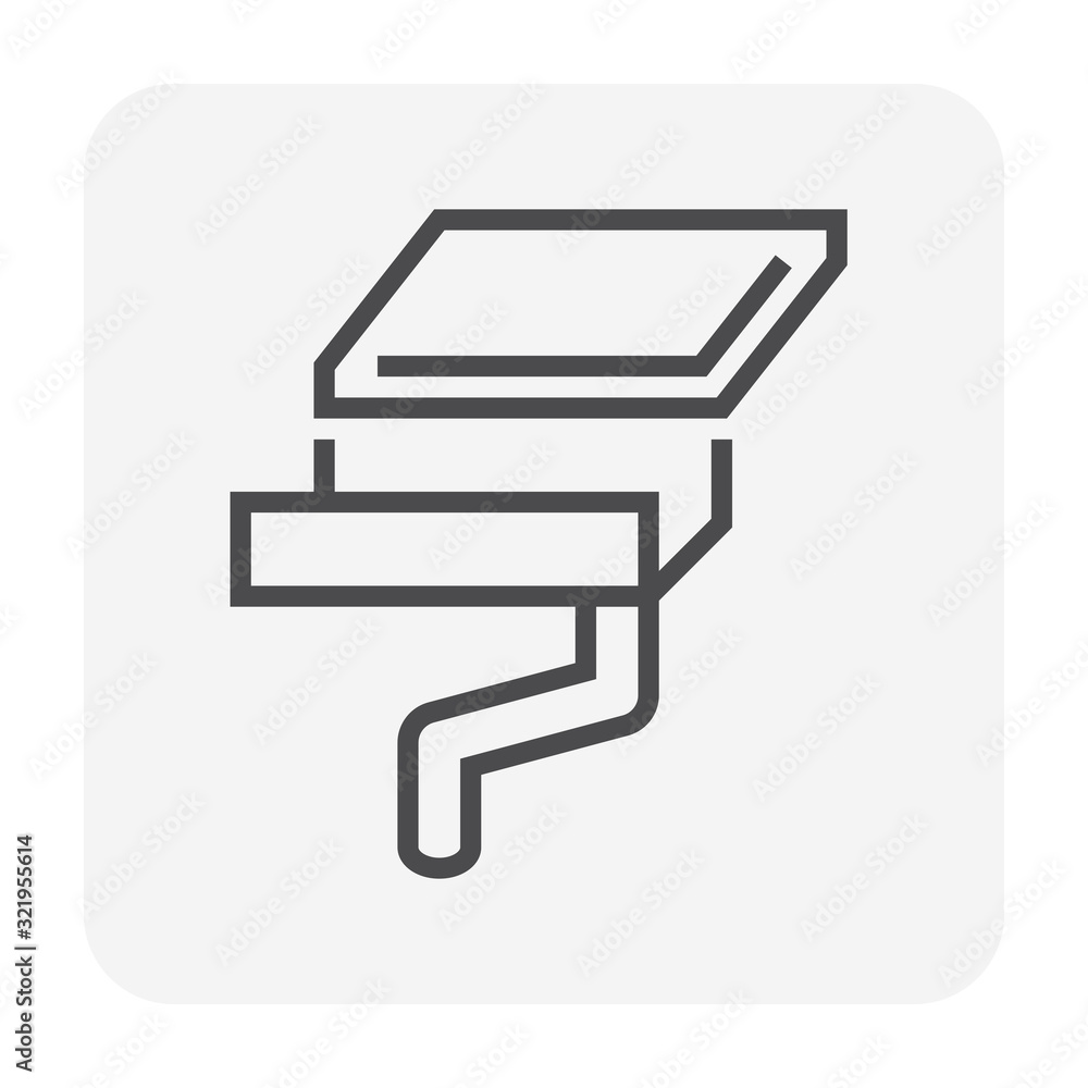 Box or square style gutter vector icon. Also call rain gutter or eavestrough. Include roof, downpipe or downspout and pipeline for water drainage system to protect building from rainwater falling. Box or square style gutter vector icon. Also call rain gutter or eavestrough. Include roof, downpipe or downspout and pipeline for water drainage system to protect building from rainwater falling.