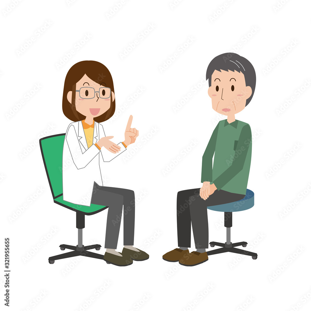 女性医師 説明 男性 高齢者 問診 診断 おじいさん 女性医師 説明 男性 高齢者 問診 診断 おじいさん