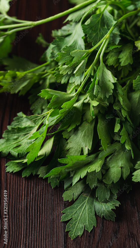 Bundle of fresh raw parsley on dark wooden table close up Bundle of fresh raw parsley on dark wooden table close up