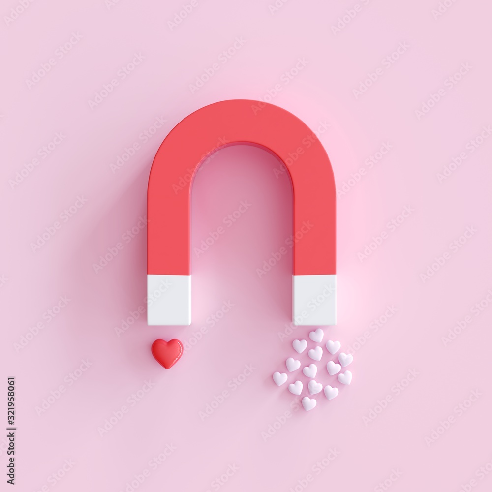 Magnet with Heart shape on pink background, minimal Valentine Idea concept. 3D Render Magnet with Heart shape on pink background, minimal Valentine Idea concept. 3D Render