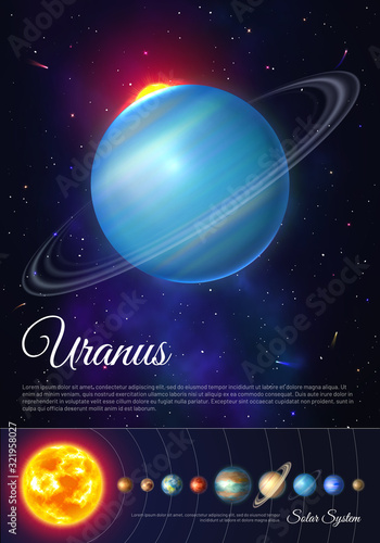 Fototapeta Naklejka Na Ścianę i Meble -  Uranus planet with rings of gas poster. Galaxy discovery and exploration. Realistic planetary system in deep space vector illustration. Astronomy and astrophysics science flyer with solar system.
