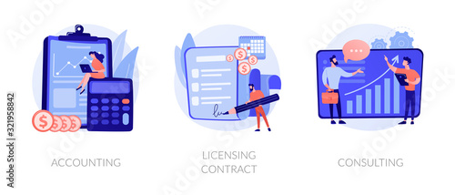Financial audit and literacy. Financier, banker advising, bookkeeping. Agreement signing. Accounting, licensing contract, consulting metaphors. Vector isolated concept metaphor illustrations