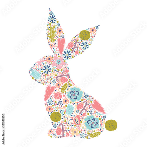 Floral silhouette of an Easter Bunny. Cute vector illustration.