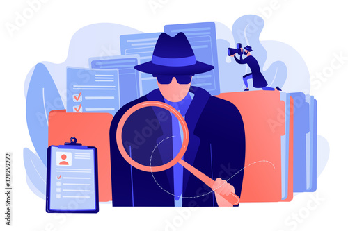 Secret agent searching clues and spying investigating case. Private investigation, private detective agency, private investigator services concept. Pink coral blue vector isolated illustration