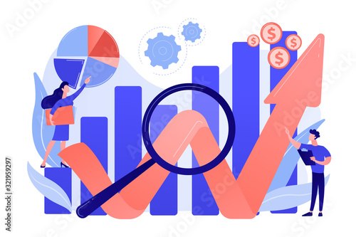 Business development strategy evaluation. Competitive analysis, strengths and weaknesses of your competition, company marketing plan concept. Pink coral blue vector isolated illustration