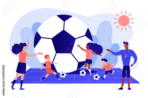 Kids learning to play soccer with balls on the field in summer camp, tiny people. Soccer camp, football academy, kids soccer school concept. Pinkish coral bluevector isolated illustration