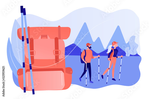 Nordic walking, backpacking holiday, healthy activity. Summer hiking, summer hiking family trip, explore the nature, best hiking trails concept. Pinkish coral bluevector isolated illustration