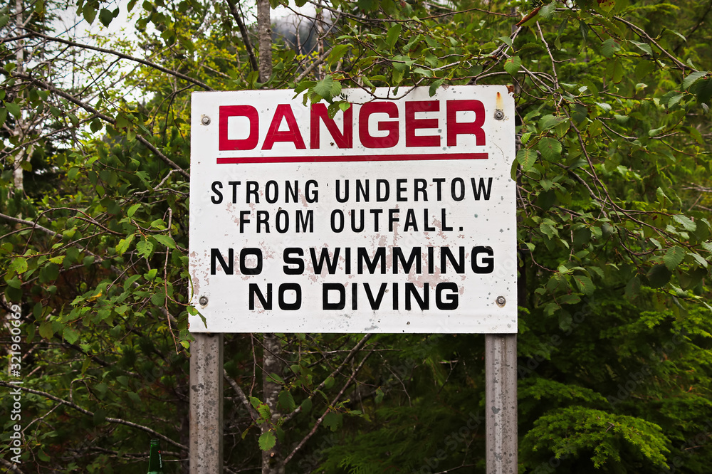 A danger strong undertow, no swimming or diving sign
