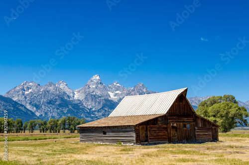 Iconic T. A. Moulton barn and Teton peaks in Grand Teton National Park, WY