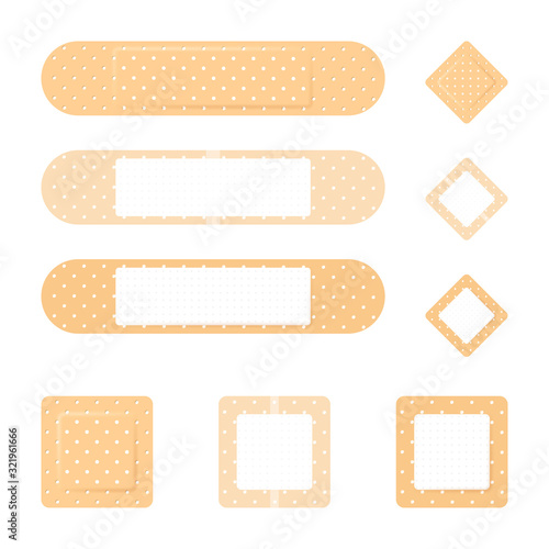 Vector set of 9 medical bandage images. 3 types of adhesive patches with / without wrapper on adhezive side. First aid item for damaged skin protection. Different plasters isolated on white.
