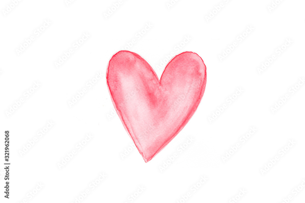 Pink heart shaped drawn from watercolor on white paper