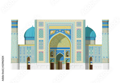 Sher Dor Madrasah, Registan (Samarkand, Uzbekistan). Isolated on white background vector illustration. photo