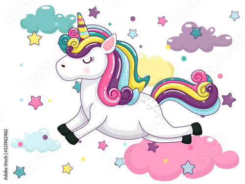 Cute Cartoon Unicorn Characters. Star and rainbow colorful. Vector art illustration with happy animal cartoon