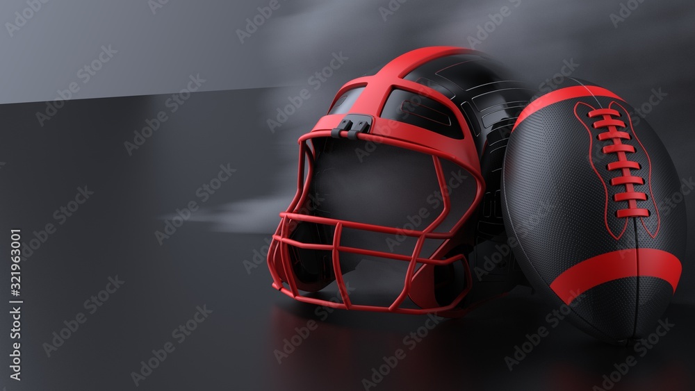 American football red-black helmet and Ball with dark black toned foggy blur smoke under black-white laser lighting. 3D illustration. 3D high quality rendering. American football red-black helmet and Ball with dark black toned foggy blur smoke under black-white laser lighting. 3D illustration. 3D high quality rendering.