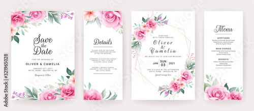 Wedding invitation card template set with watercolor floral arrangements and border. Flowers decoration for save the date, greeting, poster, cover, etc. Botanic illustration vector