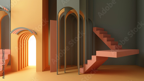3d render illustration in modern geometric style Arch and stairs in trendy minimal interior Gradient pastel colors background Abstract composition photo