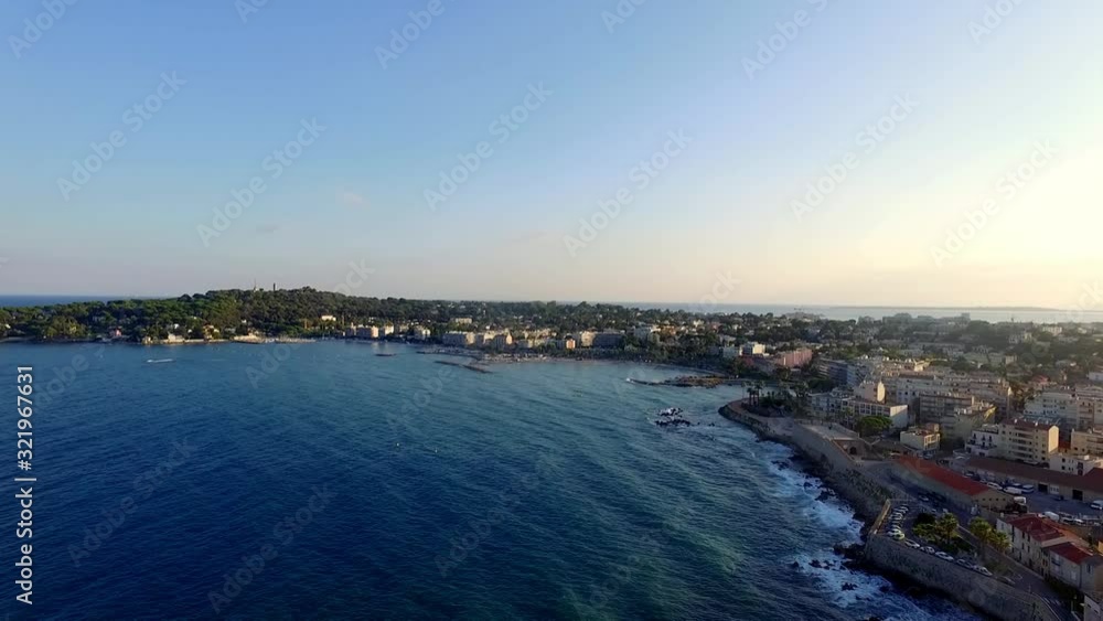 Drone view of the city of Antibes and cap d'Antibes from the sea in south of france french riviera. Drone view of the city of Antibes and cap d'Antibes from the sea in south of france french riviera.