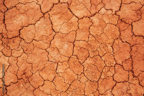 Nature background of cracked dry lands. Natural texture of soil with cracks. Broken clay surface of barren dryland wasteland close-up. Full frame to terrain with arid climate. Lifeless desert on earth