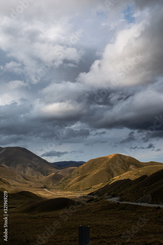 Mountain Road Landscape, Wide Scenic View of Popular Travel Route Lindis Pass New Zealand