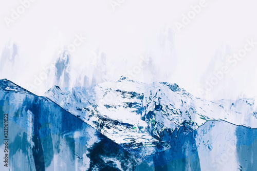 Abstract acrylic painting of colorful lake with mountain range background