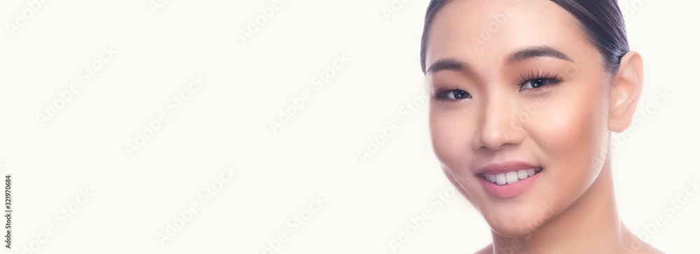 Fototapeta premium Beautiful Young Asian Woman with Clean Fresh Skin isolate on white background. Spa, Face care, Facial treatment, Beauty and Cosmetics concept. Leaning right, big smile. Banner frame.
