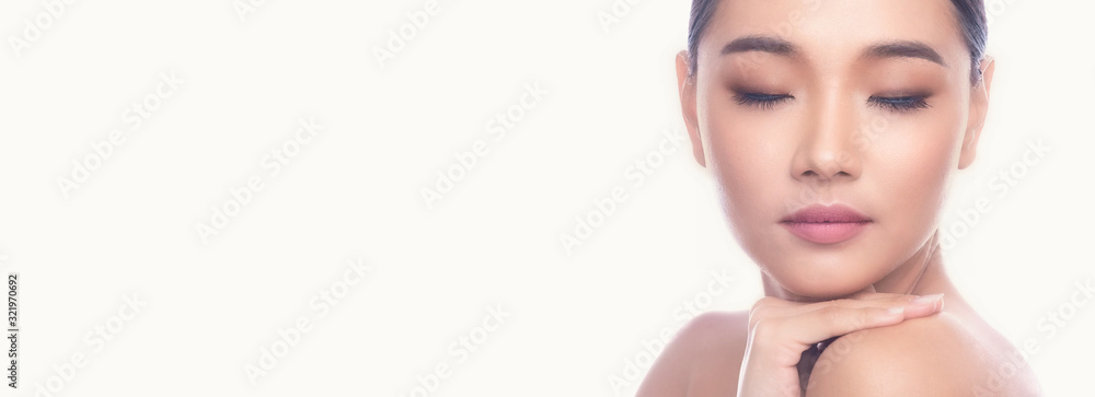 Beautiful Young Asian Woman with Clean Fresh Skin isolate on white background. Spa, Face care, Facial treatment, Beauty and Cosmetics concept. Hand on shoulder, eye close. Banner frame. Beautiful Young Asian Woman with Clean Fresh Skin isolate on white background. Spa, Face care, Facial treatment, Beauty and Cosmetics concept. Hand on shoulder, eye close. Banner frame.