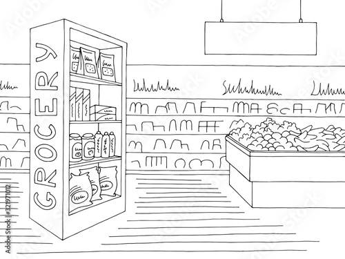 Grocery store shop interior black white graphic sketch illustration vector