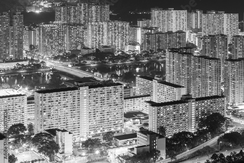 Aerial view of residential district of Hong Kong City at night