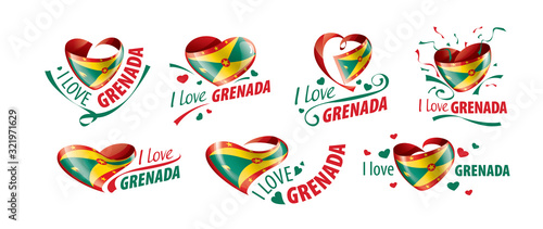National flag of the Grenada in the shape of a heart and the inscription I love Grenada. Vector illustration