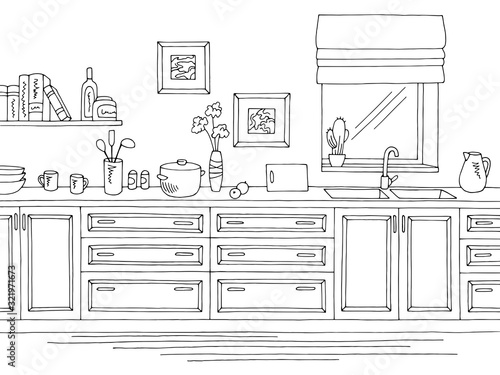 Kitchen room graphic black white home interior sketch illustration vector