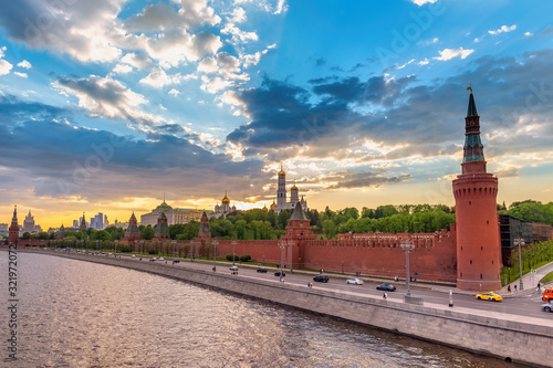 Moscow Russia, sunset city skyline at Kremlin Palace Red Square and Moscow River