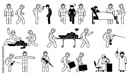 Medical health worker in hazmat suit controlling virus coronavirus outbreak. Vector artwork of healthcare worker wearing hazmat suit scanning and checking infected people. Scientist develop vaccine.