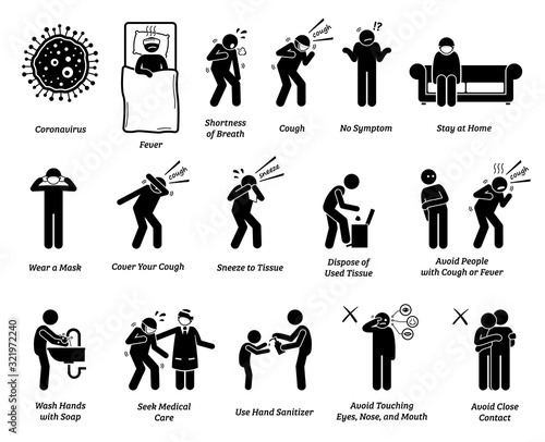 Sign symptoms of coronavirus and prevention tips. Vector artwork of people infected with coronavirus, influenza, or flu. Precaution and prevention ways to stop the pandemic virus from spreading. photo