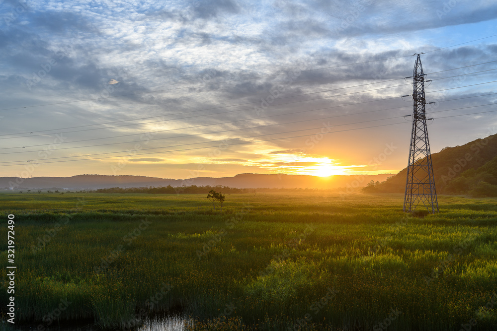 Obraz premium sunset in a swamp in hokkaido.