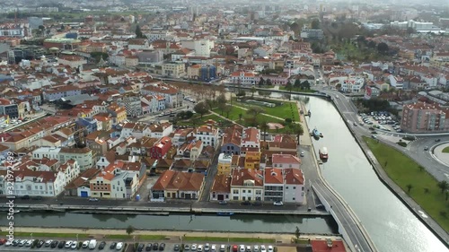 Aerial view of Aveiro city, Portugal. Boats and canals that make this place famous. 