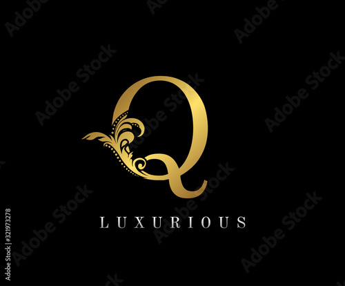 Golden Q Luxury Logo Icon, Vintage Floral Gold Q Letter Logo Design.