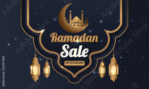 Ramadan Kareem sale offer banner design with ornament lantern moon background for promotion poster, social media template, discount, gift, voucher, web header and banner, greeting card of eid Mubarak