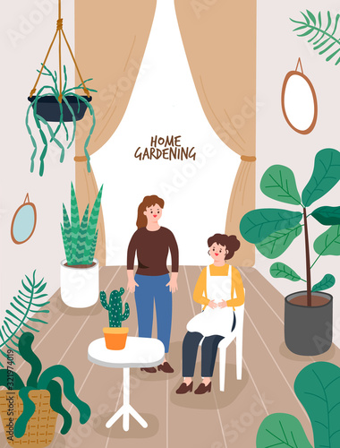 Illustration of a garden at home. Flowerpot, plant, interior illustration.