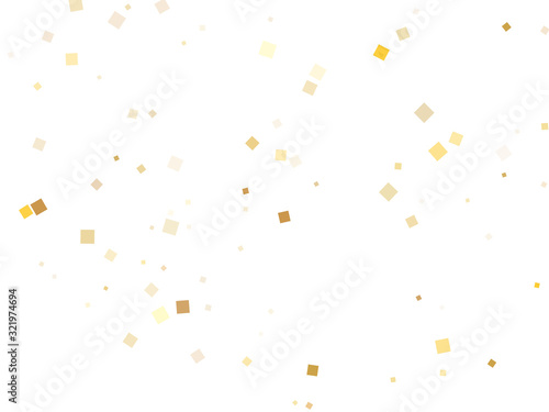 Glossy gold square confetti tinsels falling on white. Chic Christmas vector sequins background. Gold foil confetti party pieces illustration. Many particles invitation backdrop.