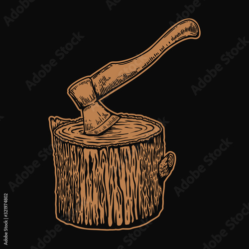 Illustration of lumberjack ax in a wooden deck in engraving style. Design element for emblem, sign, poster, card, banner, flyer. Vector illustration