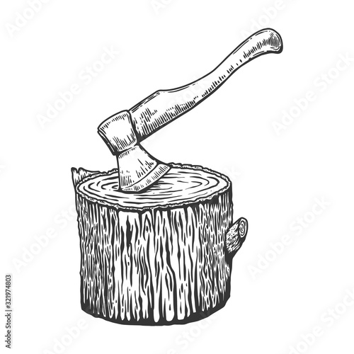 Illustration of lumberjack ax in a wooden deck in engraving style. Design element for emblem, sign, poster, card, banner, flyer. Vector illustration