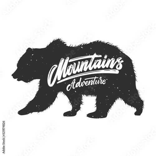 Mountains adventure. Silhouette of grizzly bear on grunge background. Design element for poster, card, banner, sign. Vector illustration
