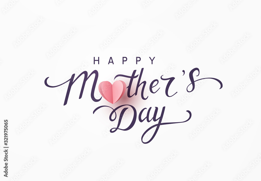 Mother's day greeting card. Vector banner with pink paper heart. Symbol of love and calligraphy text on gray background. .