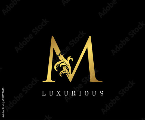 Golden M Luxury Logo Icon, Vintage Royal Gold M Letter Logo Design.