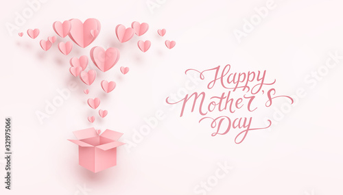 Hearts with gift box postcard. Paper flying elements on pink background. Vector symbols of love for Happy Mother's greeting card design..