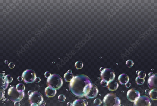 Soap bubble with rainbow colors isolated on transparent background. Realistic vector water foam seamless pattern. Colorful iridescent balls or spheres border..
